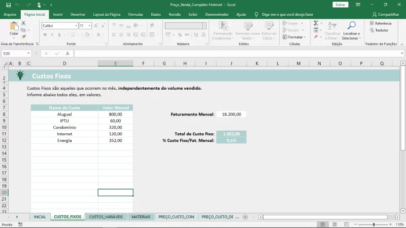 planilha calcular preco venda produto 1