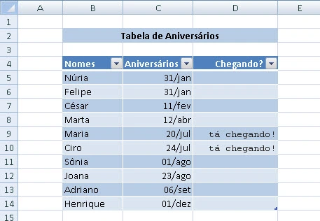 Planilha de Aniversariantes