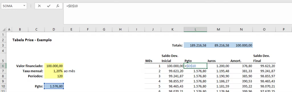 Demonstração prática da Tabela Price no Excel