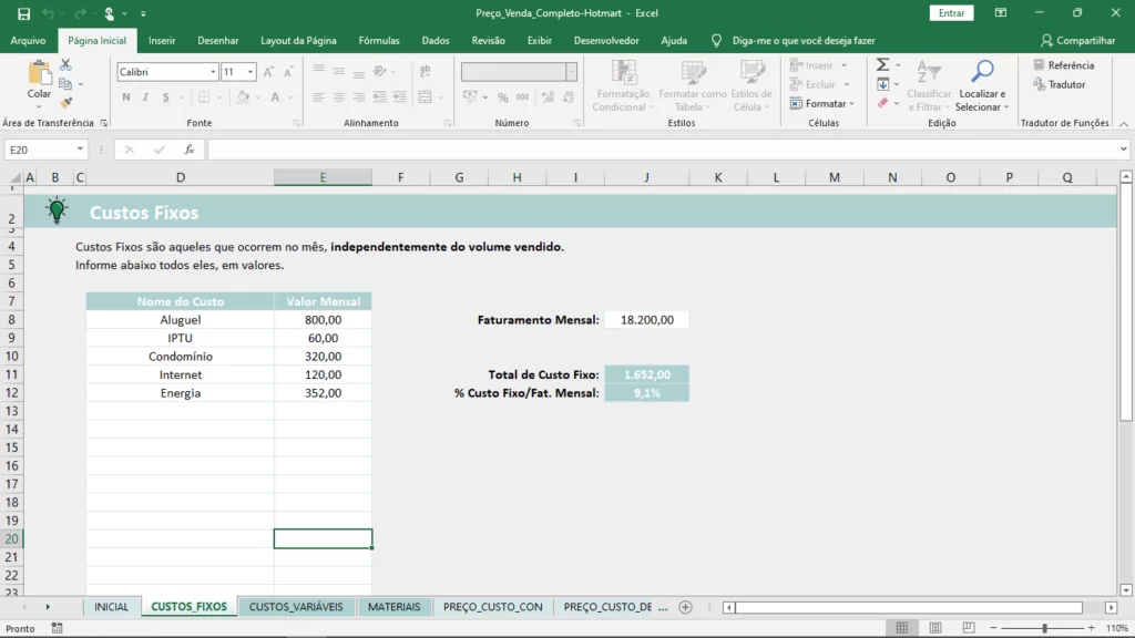 Interface de cadastro de ingredientes e insumos no Excel