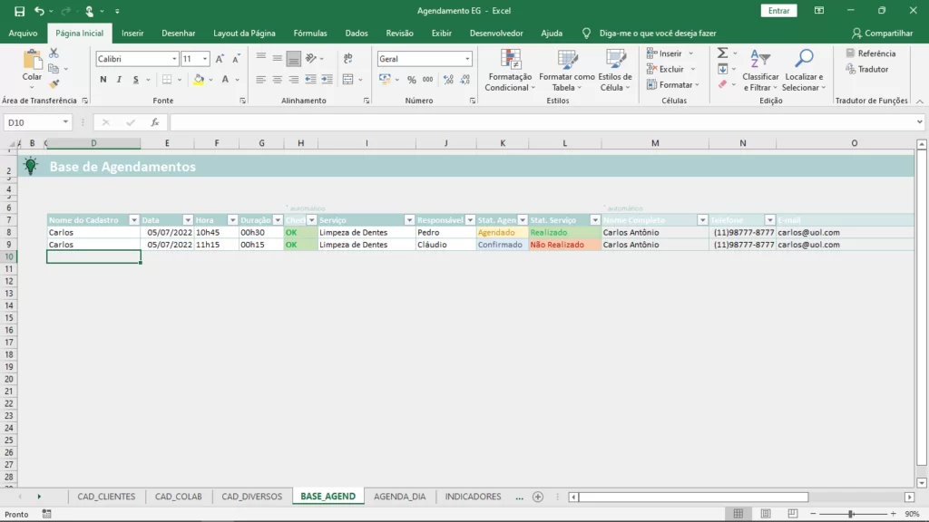 Interface da Planilha de Agendamento