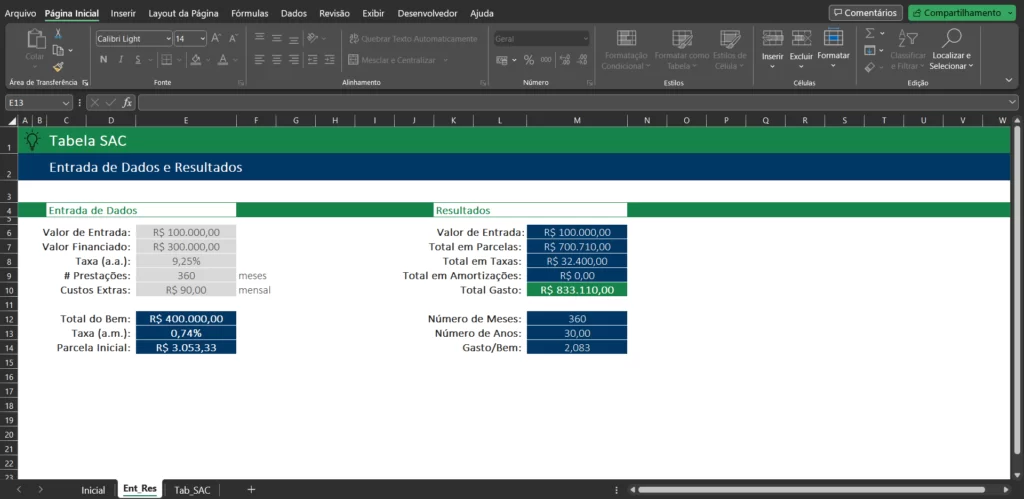 Interface de Simulação da Tabela SAC Excel