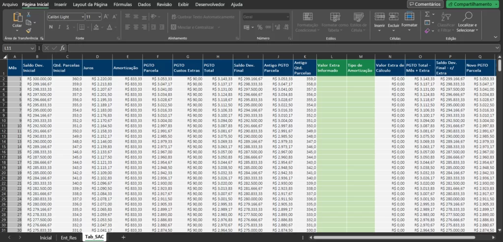 Painel de Amortização Extraordinária no Excel