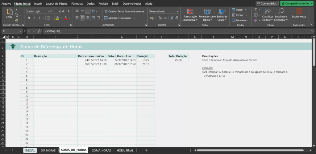 Aba de Previsão de Hora Final na Planilha do Excel Genial