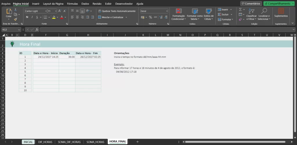 Aba de Soma de Diferença de Horas na Planilha do Excel Genial