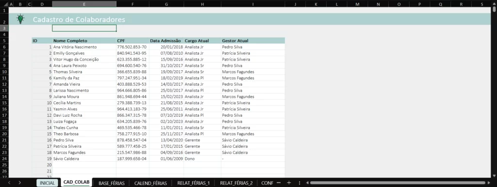 Fórmula DATADIF configurada para contagem de meses de contrato de trabalho